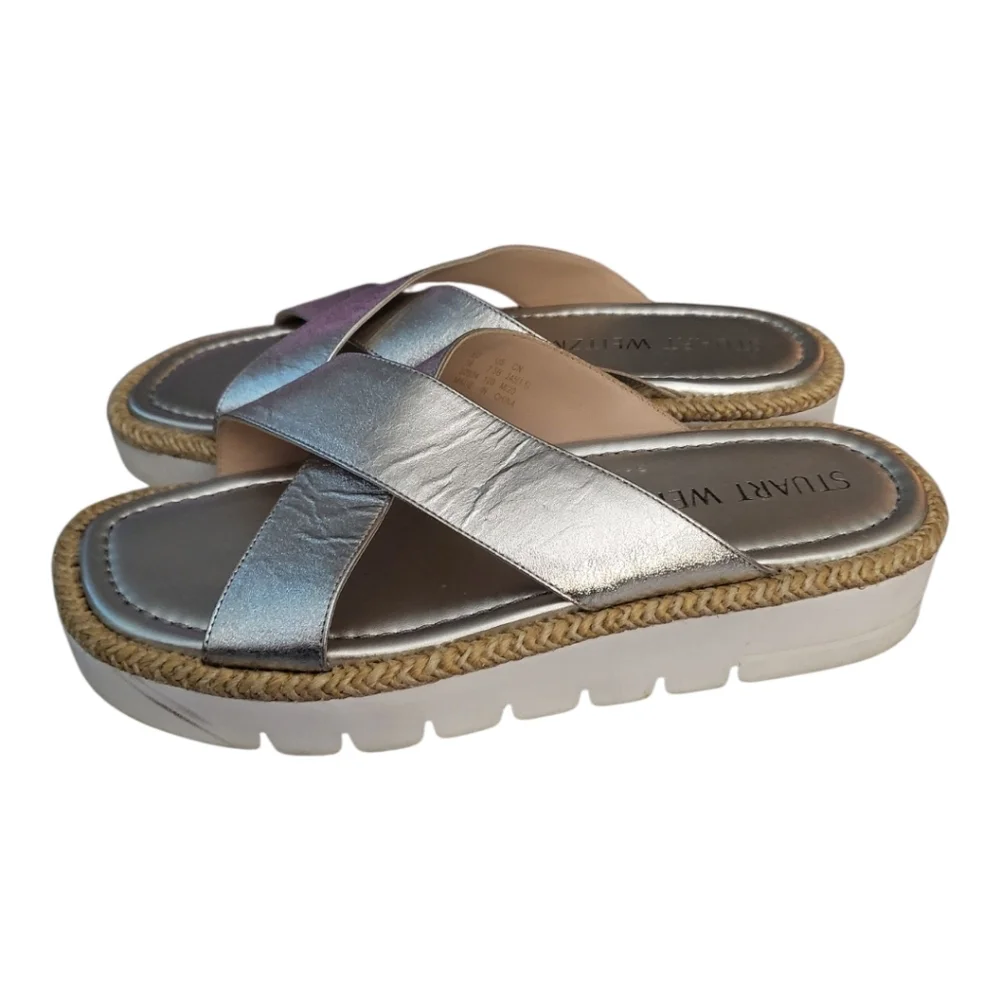 Stuart Weitzman Roza‎ Lift Slide Sandals in Silver 7.8 (Fits As 8.5)